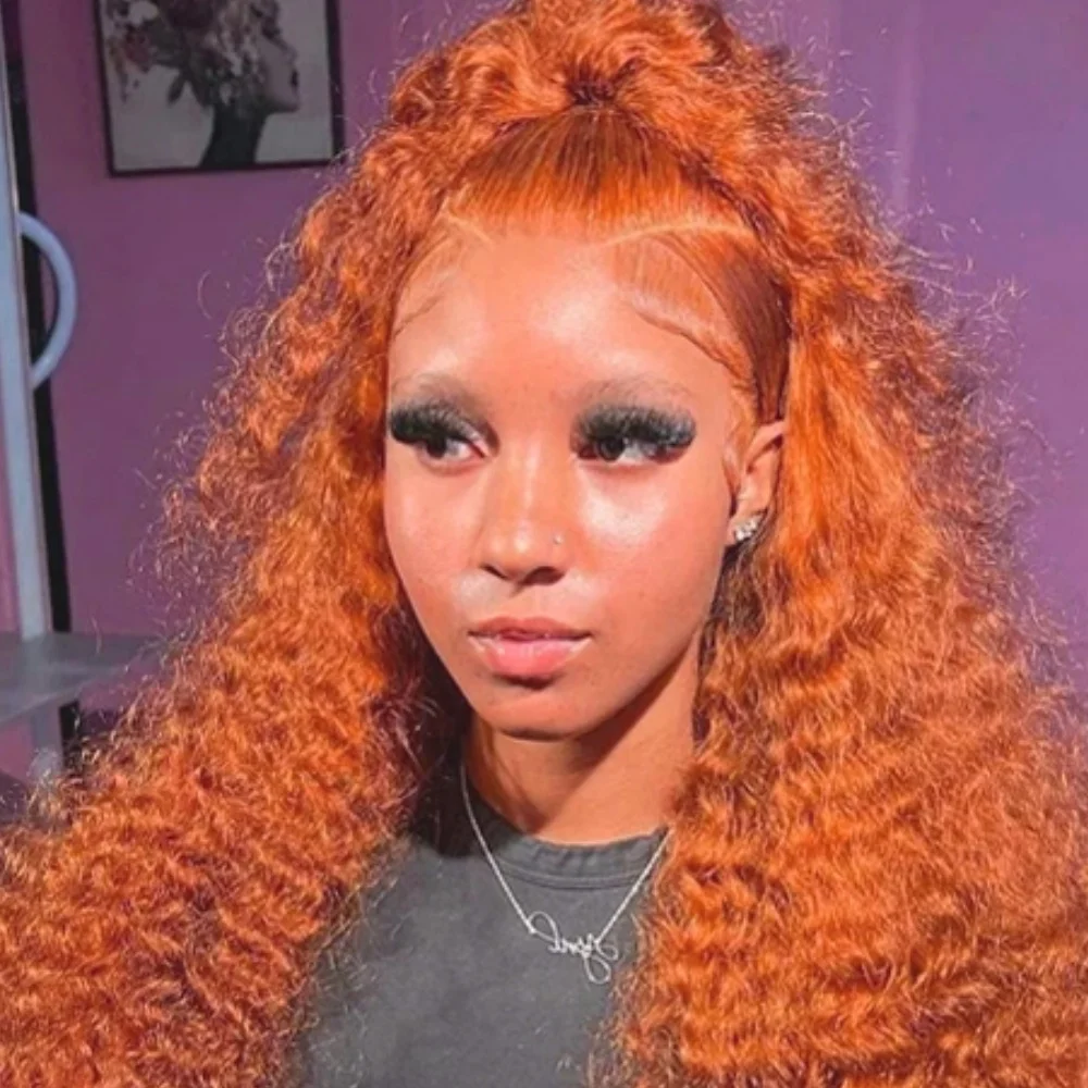 Peluca de cabello humano de onda profunda naranja jengibre, encaje frontal de encaje transparente HD 13x4, densidad de 200, prearrancado con cabello de bebé, encaje prearrancado