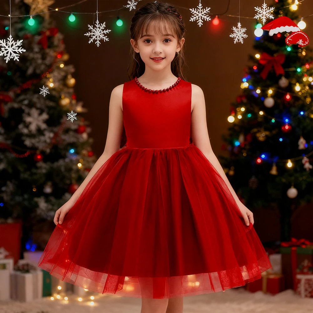

Bowknot Backless Evening Dress for Girl Christmas Red Princess Dress New Year Dress for Girls Party Dresses Xmas Costume Gifts
