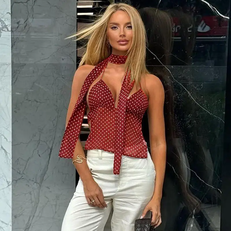 Women Clothing Summer Fashion Casual Polka Dot Solid Color Sling Ladies Fashionable Appear Thin Slim Young Style Tops