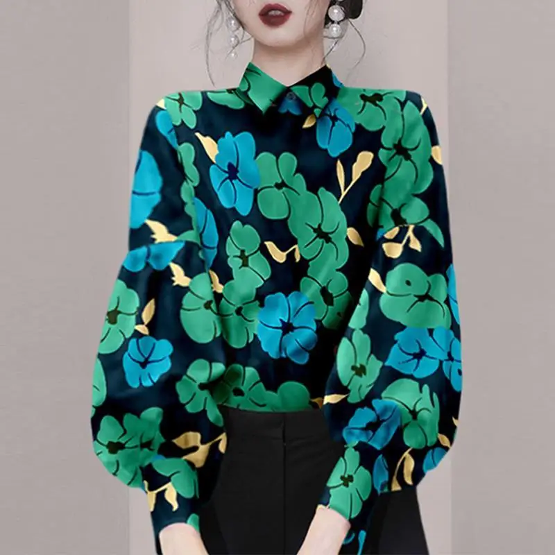 Womens Vintage Floral Print Luxury Design Shirt Elegant Fashion Lantern Long Sleeve Blouse Spring Autumn Commute Loose Chic Tops