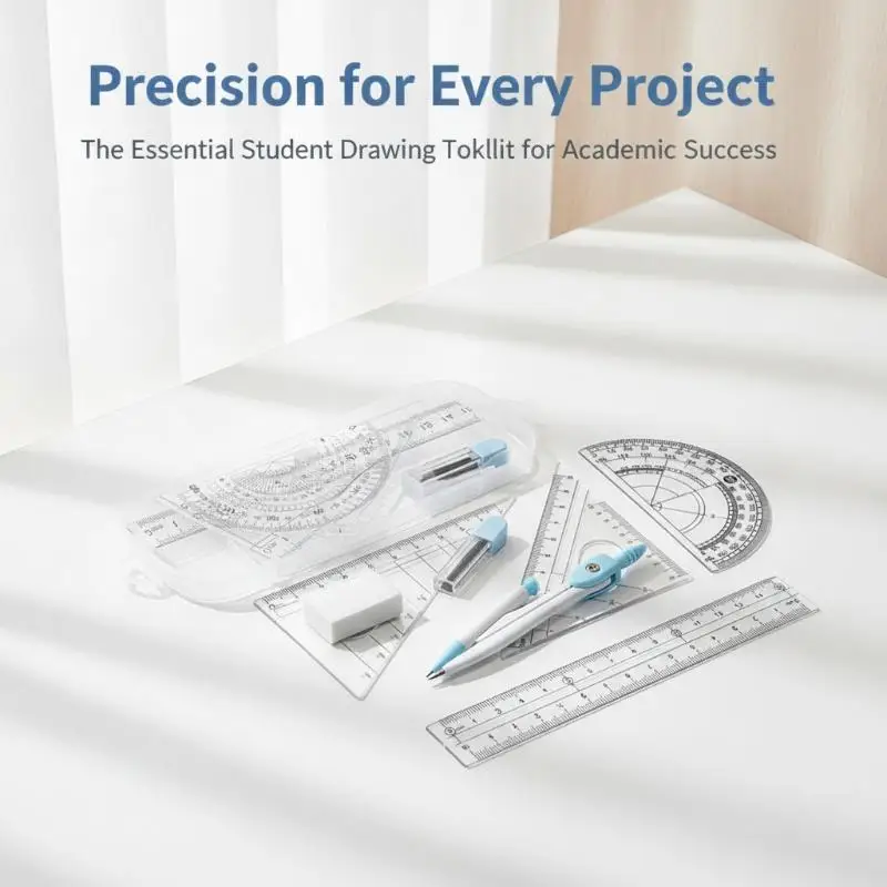 8PCS/Set Plastic Ruler Compasses Set Eraser Transparent Protractor Set Square Straight Ruler Measuring Ruler School Office
