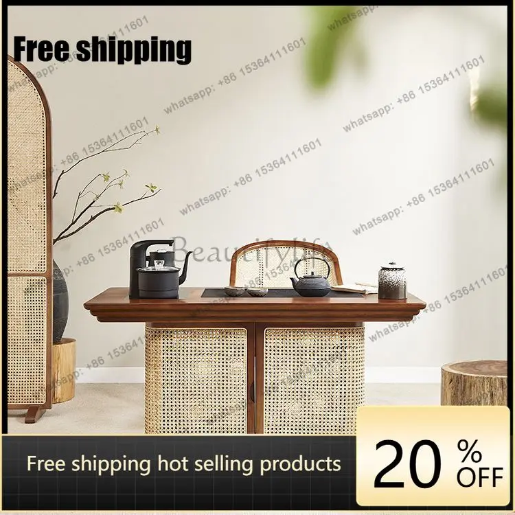 LS Chinese-style solid wood rattan homestay home modern simple tea cabinet integrated Zen tea drinking table