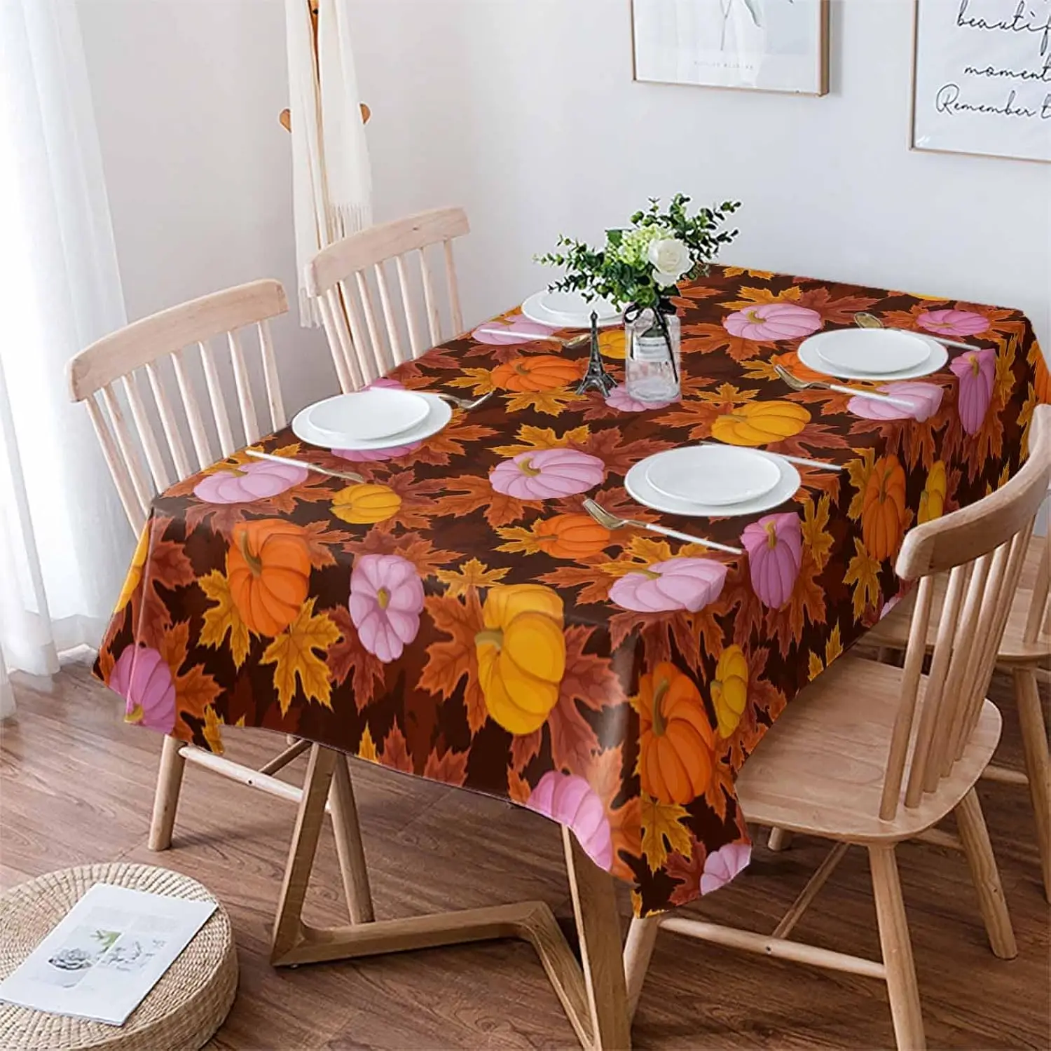Fall Orange Pink Pumpkins Maple Leaves Waterproof Tablecloth Table Decor Washable Kitchen Dining Tablecloth Holiday Party Decor