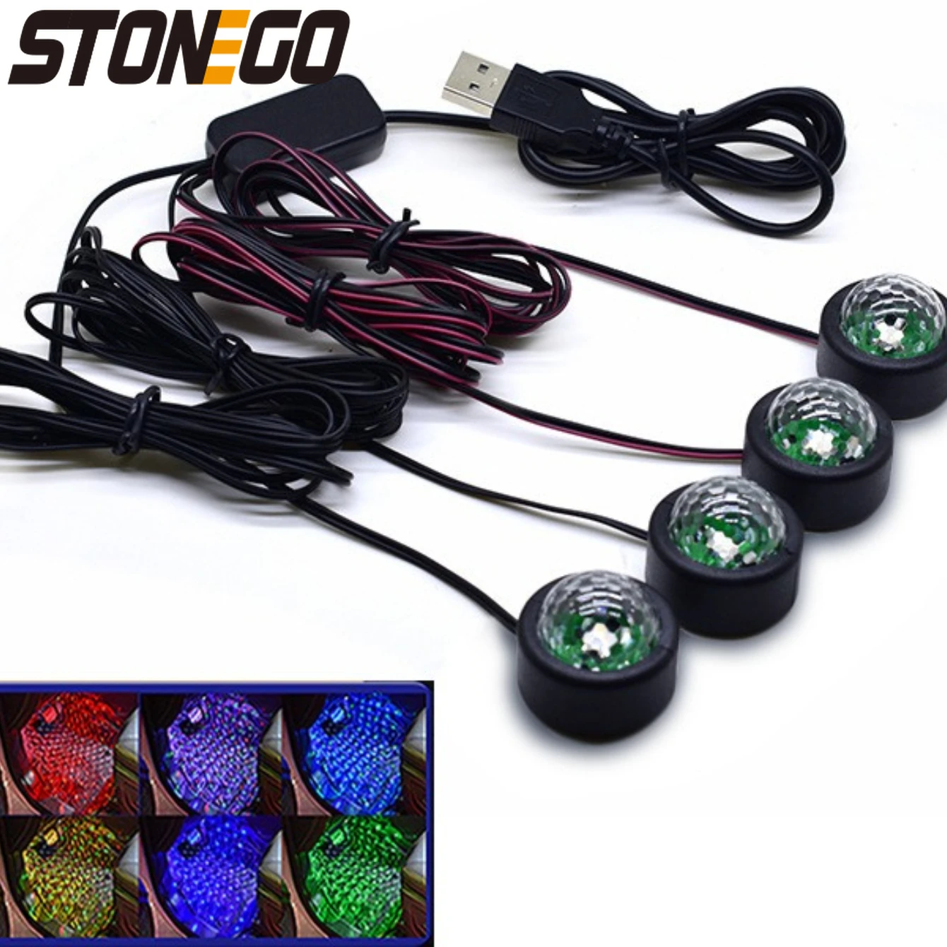 

Автомобильный атмосферный светильник с 7-цветным голосовым управлением USB-проекционным освещением для украшения салона автомобиля