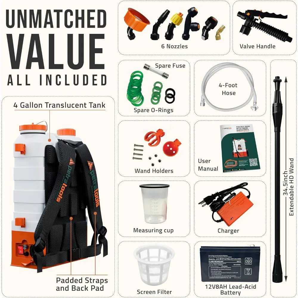 بخاخ حقيبة ظهر يعمل بالبطارية سعة 4 جالون من PetraTools مع عمر بطارية 6 ساعات وأشرطة مبطنة لراحة معززة - HD4000 El