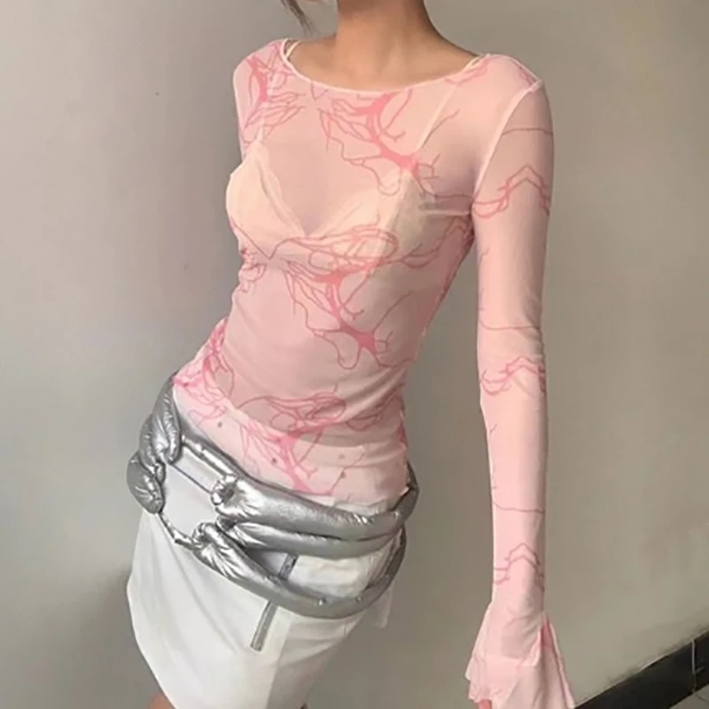 Rosa Tie-dye Slim Tulle fondo interno camicia manica lunga stampa grafica Sexy vedere attraverso T-Shirt temperamento manica lunga T-Shirt