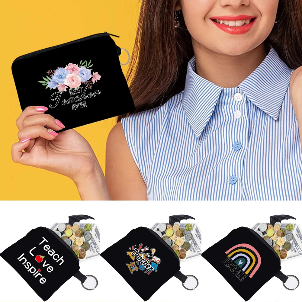 Mini Coin Purse Canvas Wallet Key Ring Card Case Student Storage Bag Teacher Print Portable Ladies Fashion Cosmetic Bags