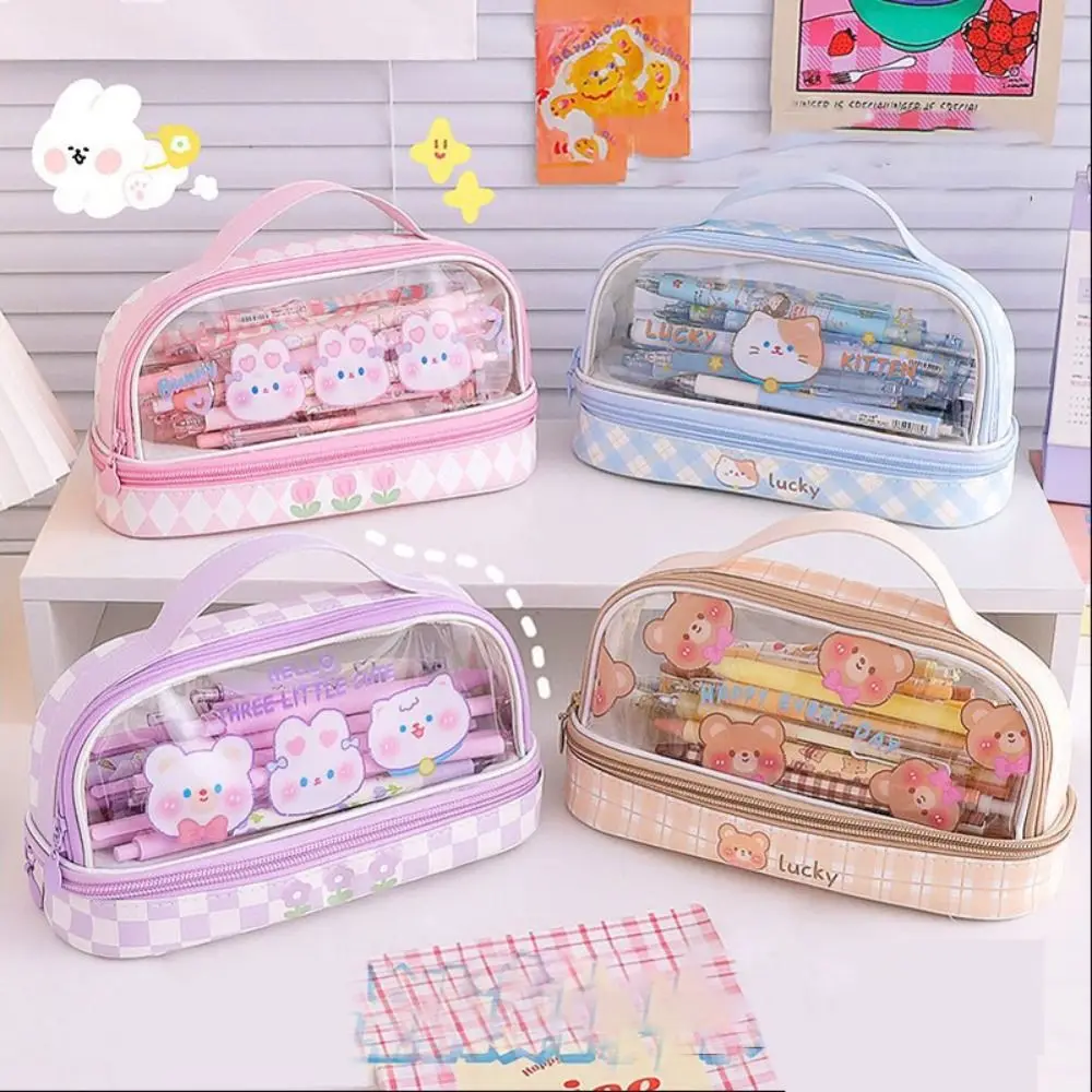 

New Double Layer Pencil Case PVC Cartoon Stationary Organizer Large Capacity Office School Supplies Pen Bag