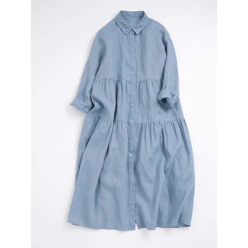 Vestido de comprimento médio de algodão e linho de cor sólida solto e elegante de tamanho grande
