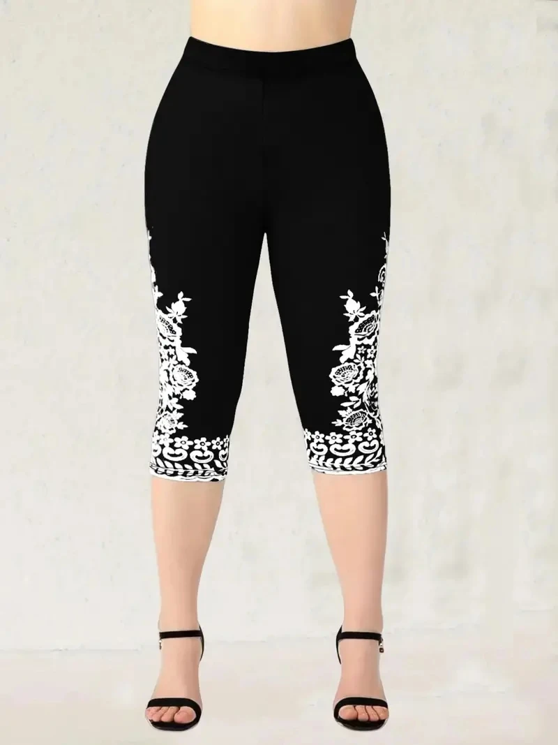 Print elastic elastic waist slim casual leggings capri pants for women