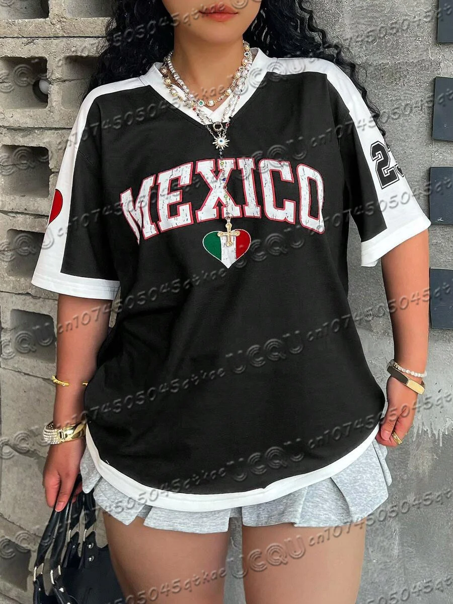 

Women'S Mexican Digital Printed Football Jersey T-Shirt V-Neck Loose Quick Drying Short Sleeved Sportswear Casual Clothing Top