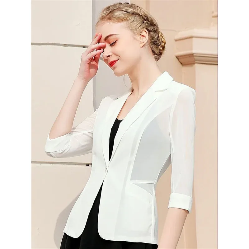 NEW 2026 Women's Suit Coat Top Summer New Short Sleeved Seven Quarter Sleeve Mesh Solid Color Pocket Versatile Thin Suit Jacket