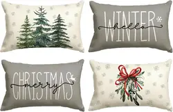 Merry Christmas Tree Hello Winter Throw Pillow Covers, Mistletoe Pine Spruce Holiday Cushion Case Decoration for Sofa Couch