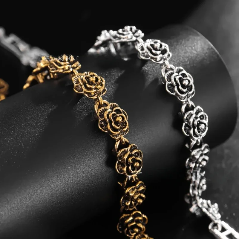 Vintage Gold Color Rose Alloy Bracelet for Women Girls 2024 New Fashion Light Luxury Temperament Versatile Flower Hand Jewelry