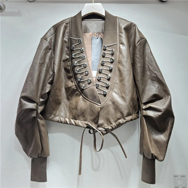 Coffee Color Black Short Faux Pu Leather Cardigan Coat Women V-Neck Long Sleeve Drawstring Waist Hem Autumn Female Biker Jacket