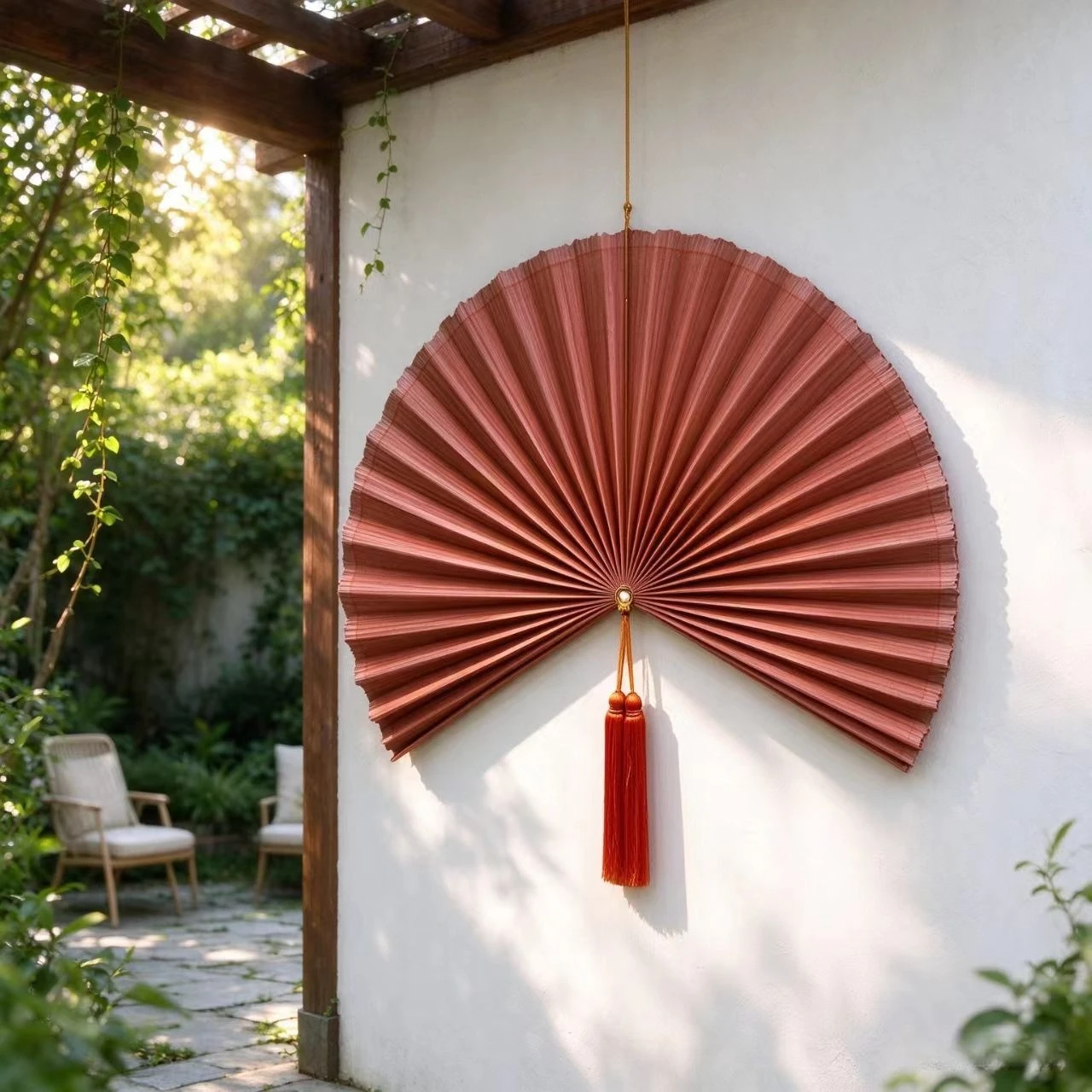 Handmade Bamboo Wall Fan with Tassel Boho Oriental Large Wall Hanging Decor for Living Room Home Decor