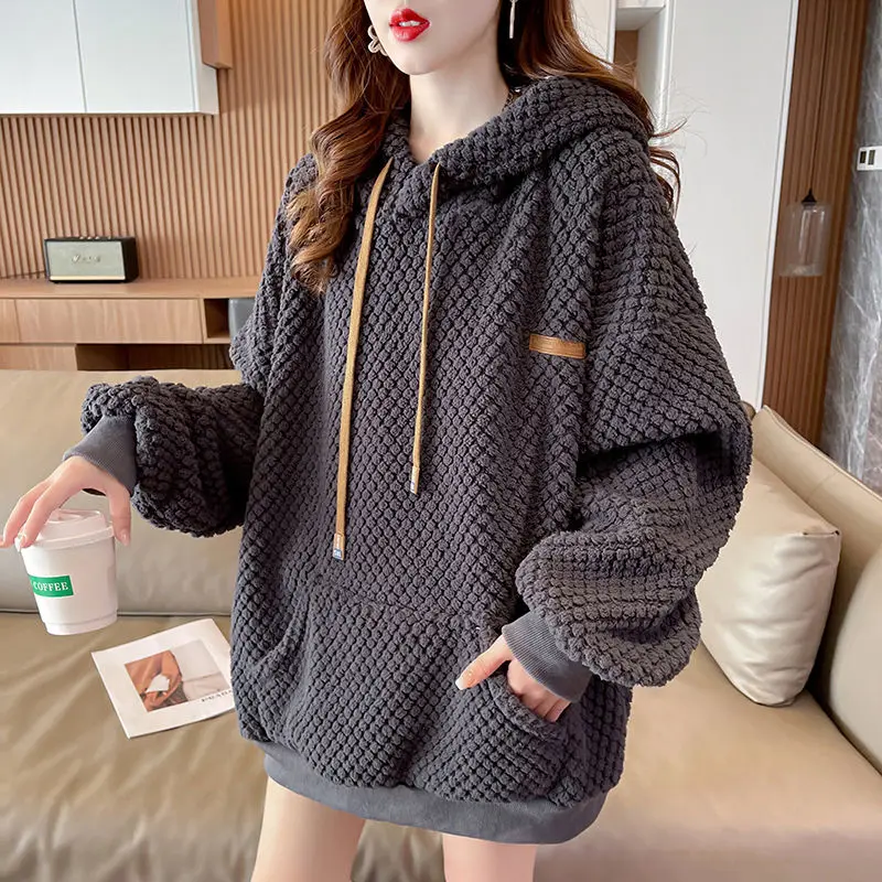 DAYIFUN Lamb Hair Hoodies Women's Autumn Winter Korean Loose Big Pocket Pullover Sweatshirts Cashmere Thickened Versatile Tops