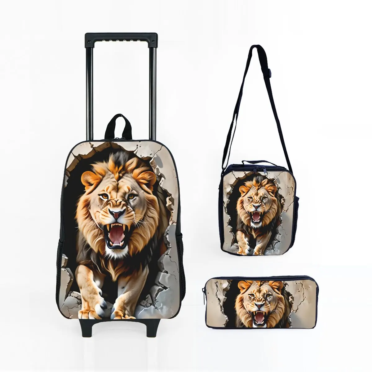 

Lion Leopard Print Wheeled Rolling Bag Set with Lunch Box Pen Bag with Wheels School Trolley Backpack Bag for Girl/Boys