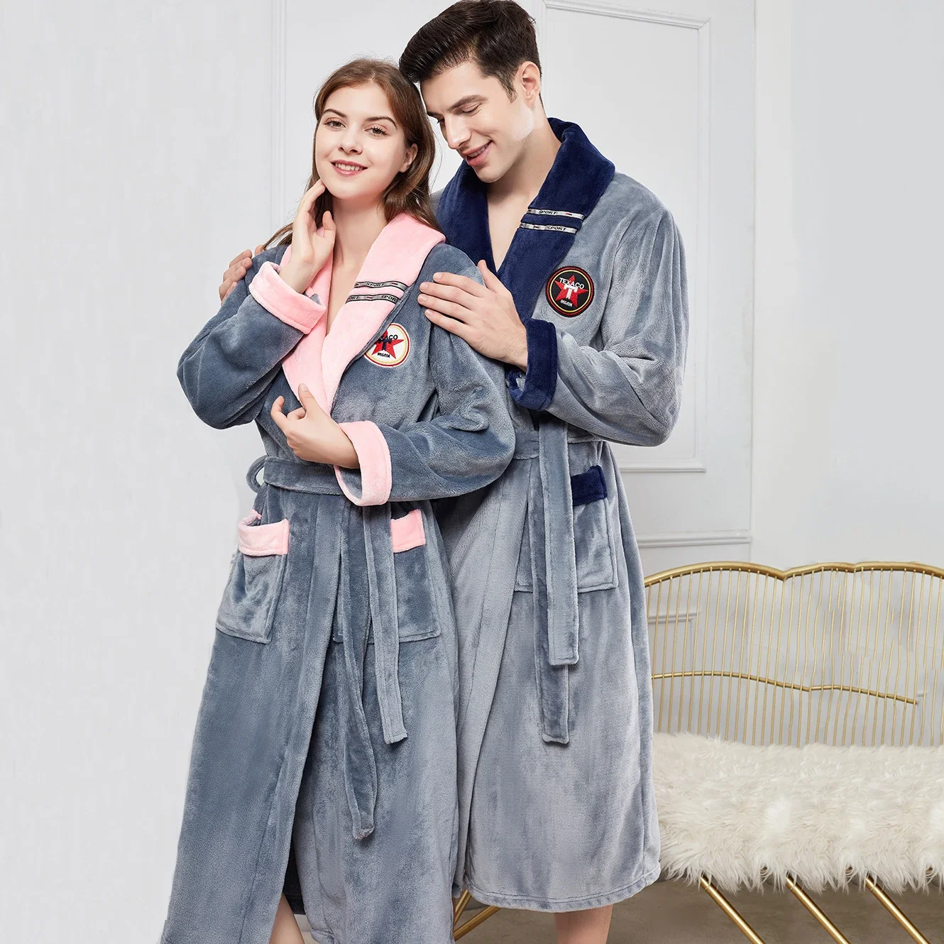 Couple Winter Flannel Robe Nightwear Thick Sleepwear Kimono Bathrobe Gown Pocket Warm Coral Fleece Homewear Loose Loungewear