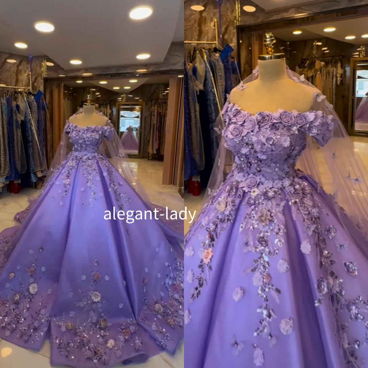 

Purple Fantasy Victoria Prom Dress Elegant Strapless 3D Flower Appliques Bridal Mexican Princess Puffy Evening Gowns Customised