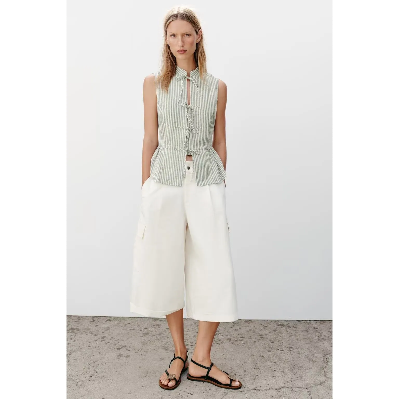 Fashionable  Knot Decorated Line Pattern Women's Top ZR Style Versatile Spring Summer New Arrival Polyester Material