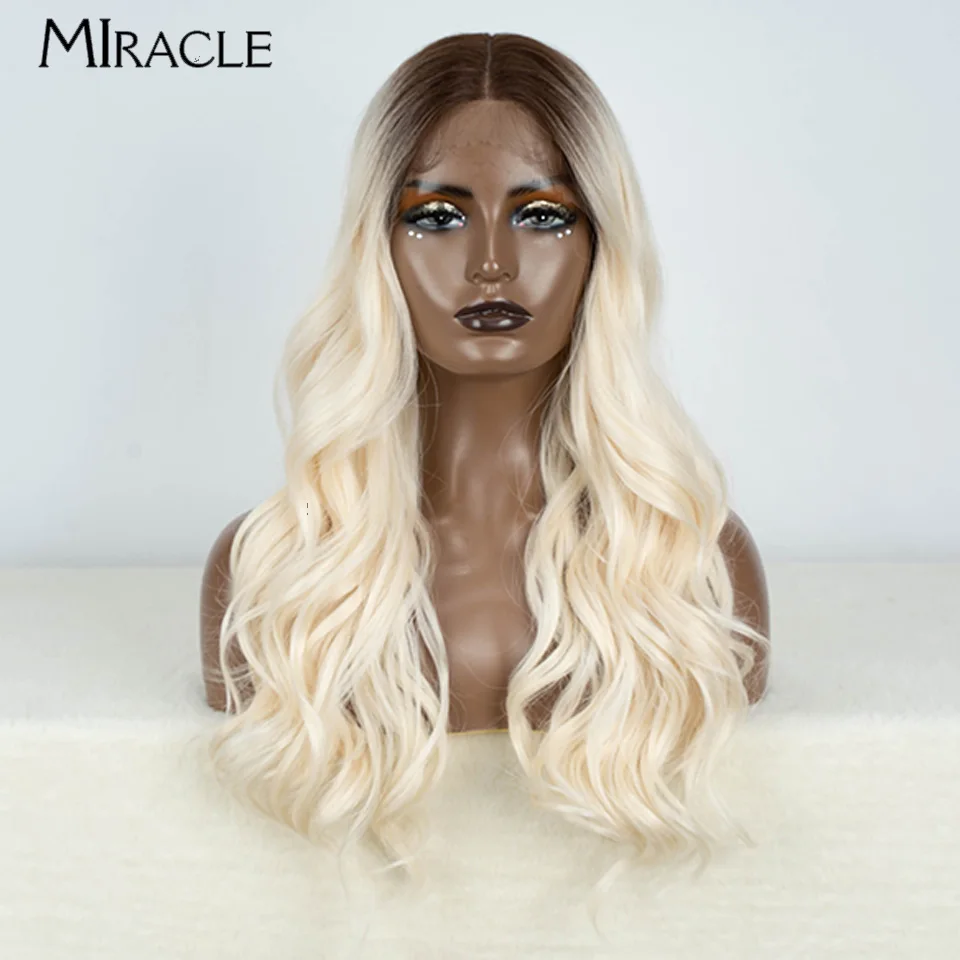 MIRACLE Wig renda depan wanita, Wig renda 22 inci sintetis berombak rambut palsu tahan panas Cosplay warna-warni pirang merah muda