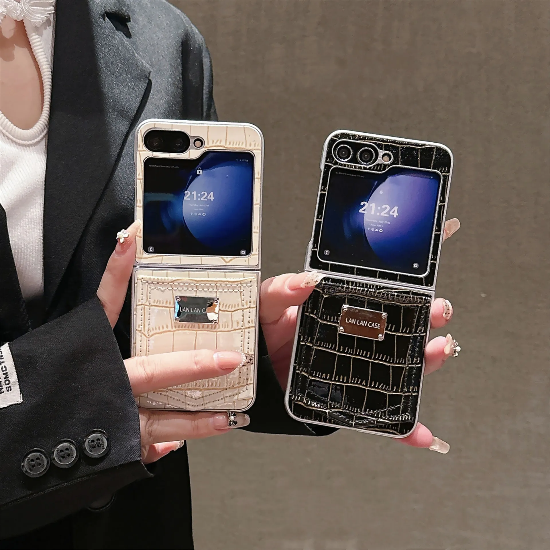 

PU Leather Pink White Black Phone Case For Samsung Galaxy Z Flip 7 6 5 4 Protective Back Cover For ZFlip5 ZFlip6 ZFlip7 Case