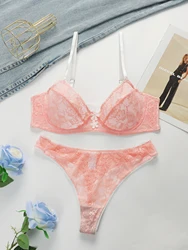 New Women's Underwear Set Lace Pink Flower Sexy Ultra Thin Underwear 2-piece Set Bra And Thongs Push Up Bra MR2643