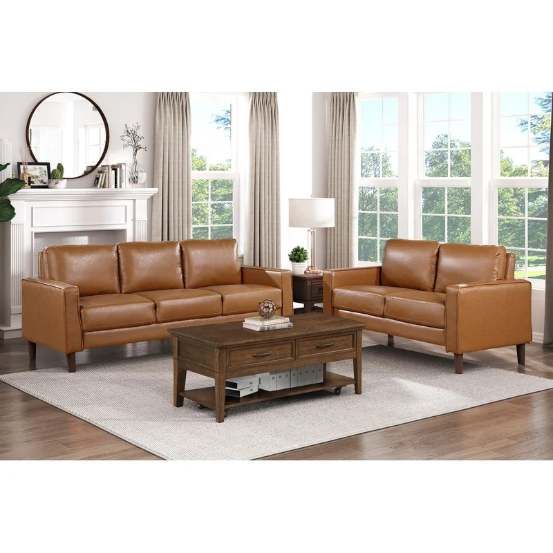 

Brown Faux Leather Sofa and Loveseat Set with Solid Wood Frame and Cushioned Back – Modern Living Room Furniture