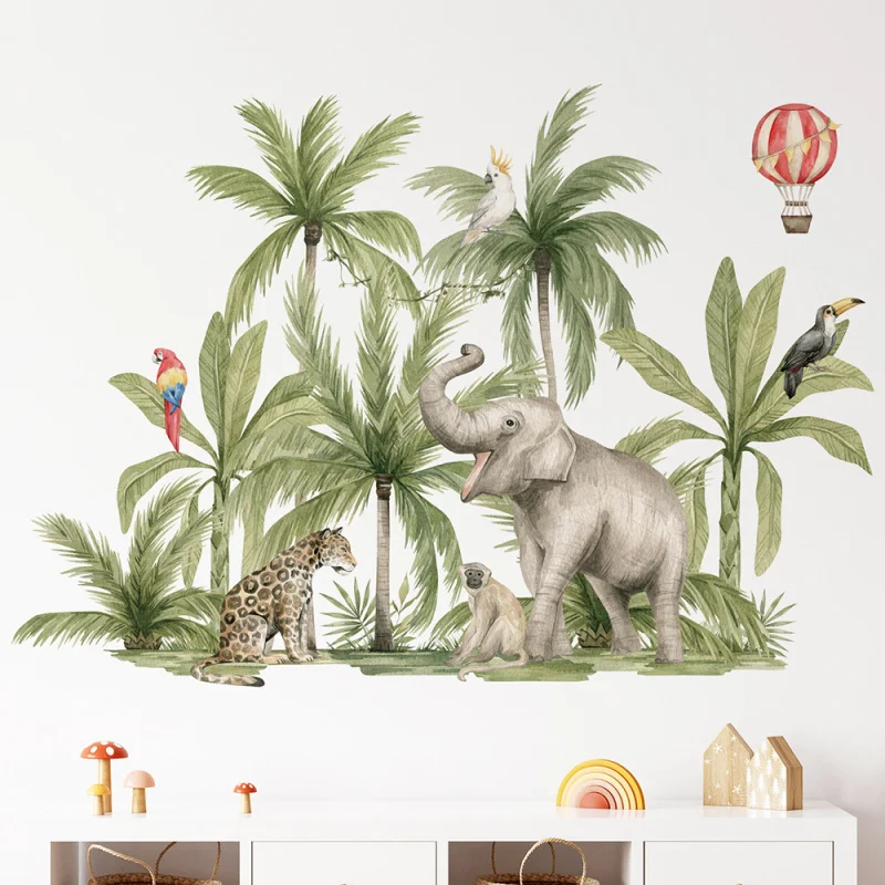 

New African Tropical Rainforest Animal Wall Sticker, Elephant Monkey Parrot Living Room Decor Decal