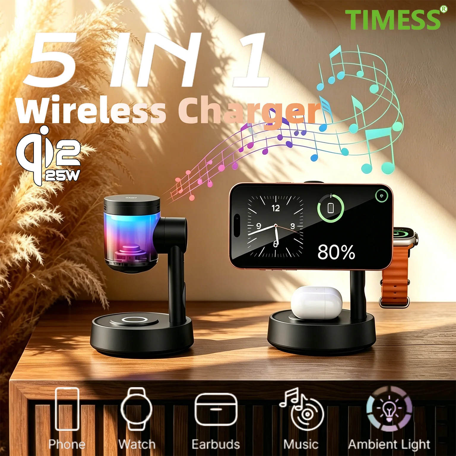 

Беспроводное магнитное зарядное устройство TIMESS Ambient Light Qi2.2 с динамиком 25 Вт для iPhone 17, 16, 15, 14, Apple Watch и Samsung Galaxy Watch