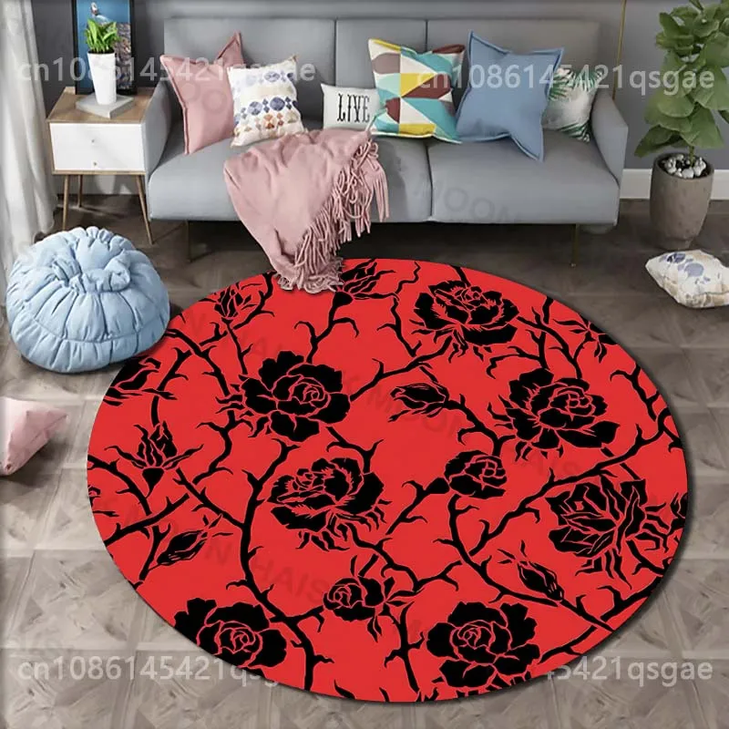 Multiple size Black roses on red background Print Round Carpet for Living Room Bedroom Sofa Table Floor Mat Area Rug Luxury Gift