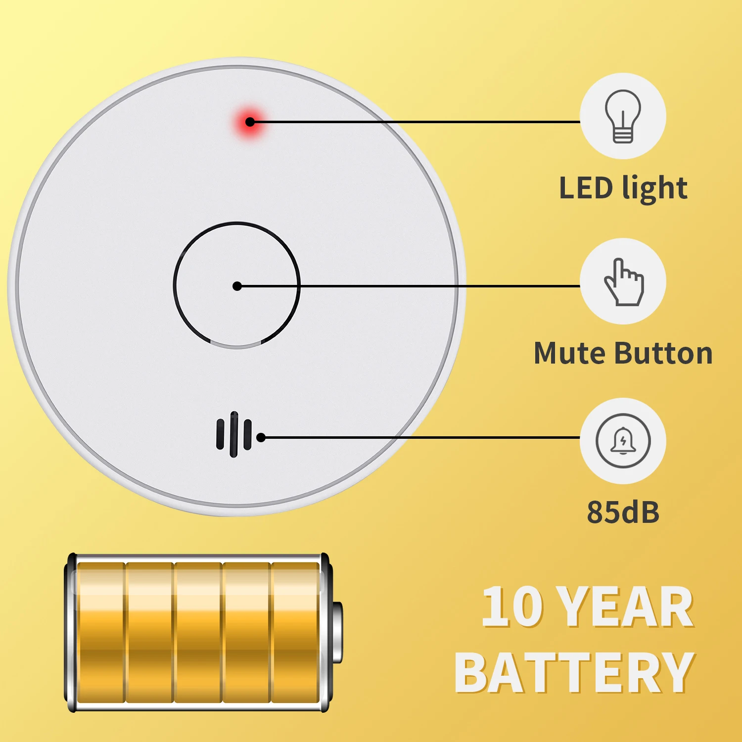 Alarma de humo interconectada inalámbrica, Detector de humo interconectado con batería de 10 años con indicador LED y botón de silencio, v-come VS02F