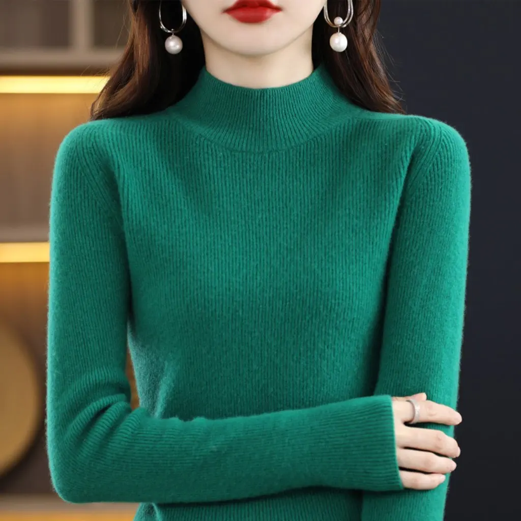 

Женский облегающий пуловер с высоким воротником, свитер с базовым слоем, теплая универсальная верхняя одежда со средней горловиной, модный повседневный трикотаж