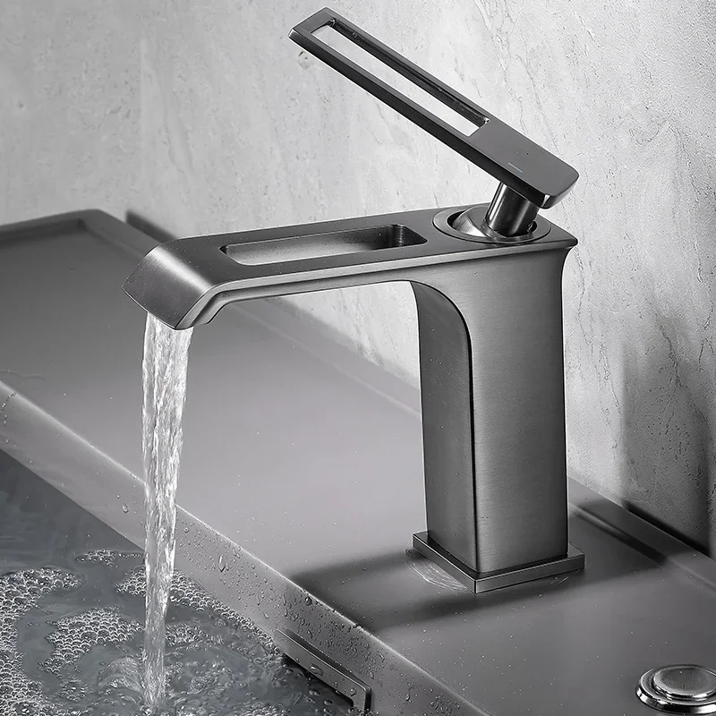 

Light Luxury Gun Grey Waterfall Basin Faucet Bathroom Hot and Cold Wash Basin Under Counter Basin Bathroom Faucet