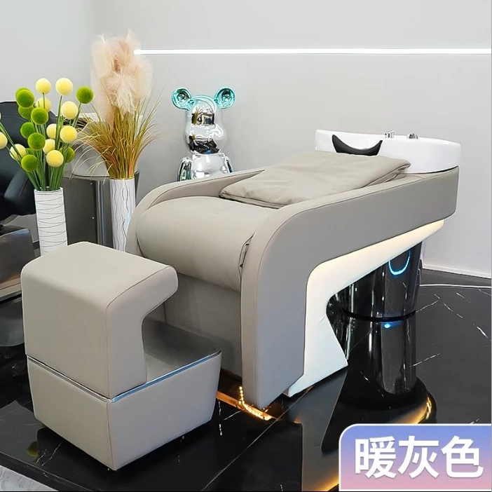 High Quality Haircut Salon Furniture Hair Washing Shampoo Bed For Barber Shop With Ceramics Bowl Basin Stainless Steel LED