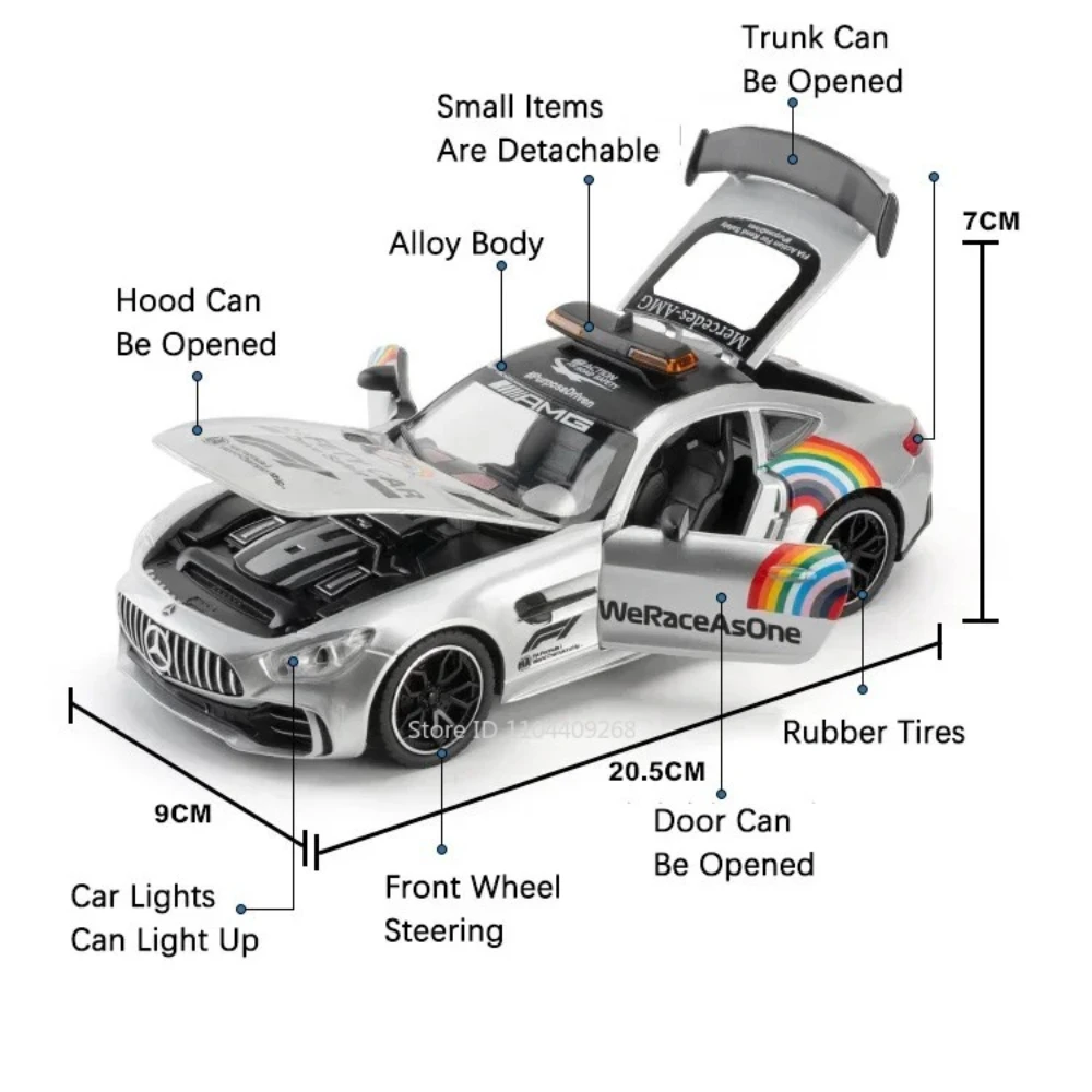 Scale 1:24 300SL GTR F1 Safety Car Model Toy Doors Opened Pull Back Sound Light Shock Absorption Vehicle Models Kids Best Toys