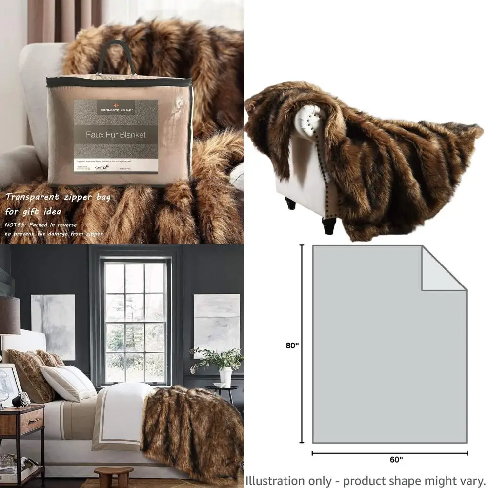 

Elegant Brown Faux Fur Throw with Black Tips, Plush and Warm, 60x80 Inches, Ideal for Sofa, Armchair, Couch, and Bed