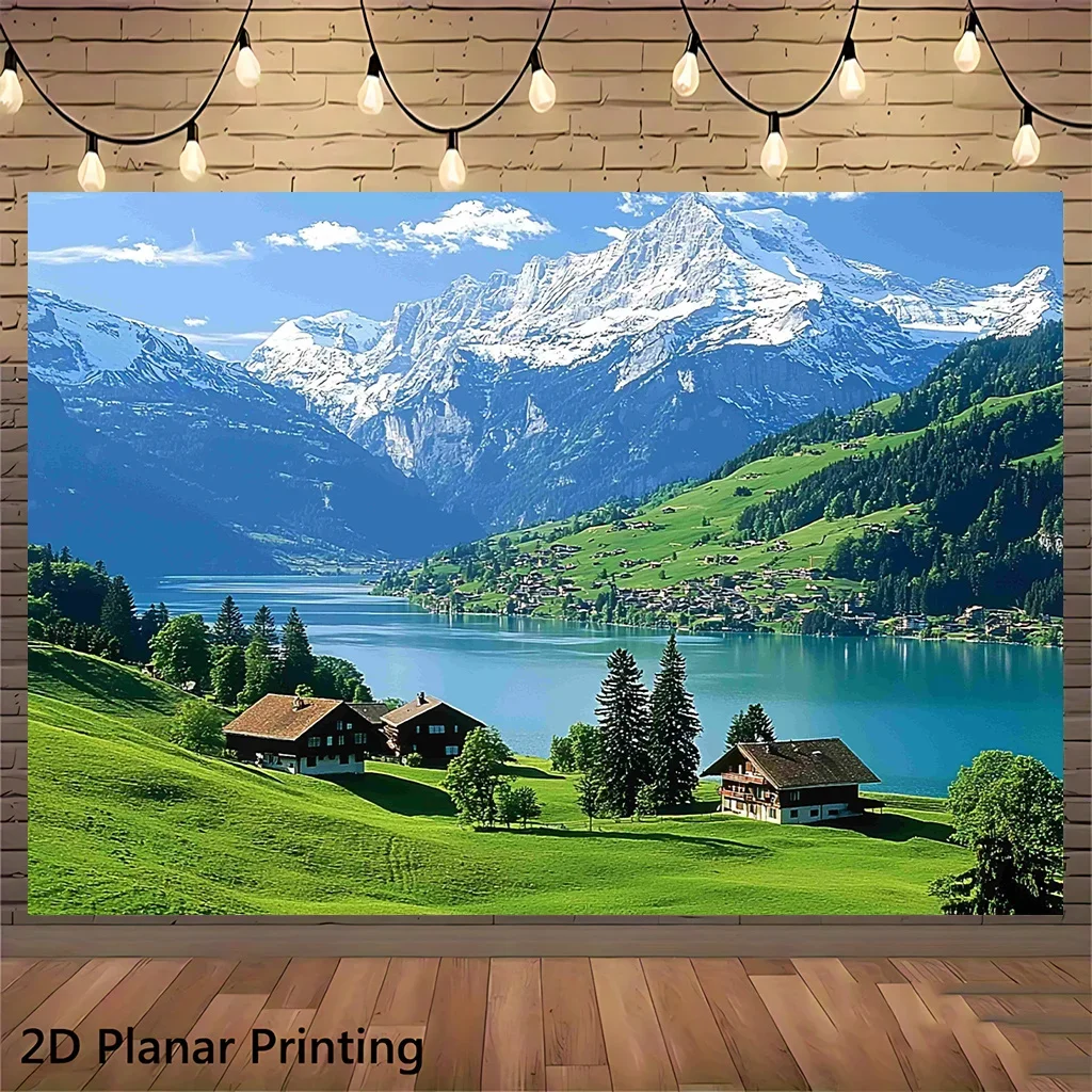 Swiss Alps Snow Mountain Lake Green Valley House Tapestry 2D Flat Printing Wall Hanging Backdrop for Living Room Bedroom Decor