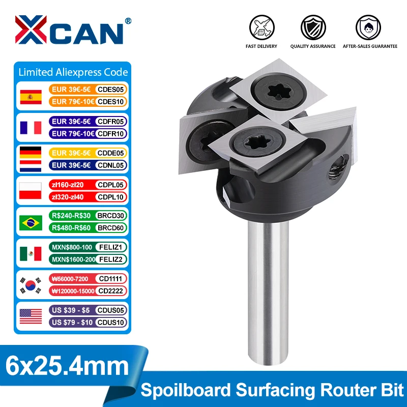 Xcan Cnc Spoiler Superfície Roteador Bit mm Diâmetro da Haste 25.4 mm Carboneto Instert Aplainamento Fresa Madeira Roteador Bit
