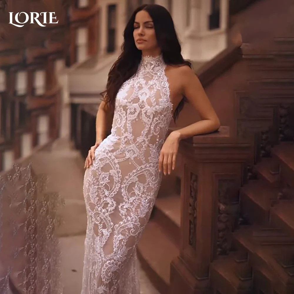 

LORIE Vintage Halter Lace Wedding Dress Mermaid Elgant Sleeveless Appliques Bobycon Bridal Gown Princess Bride Gown Customized
