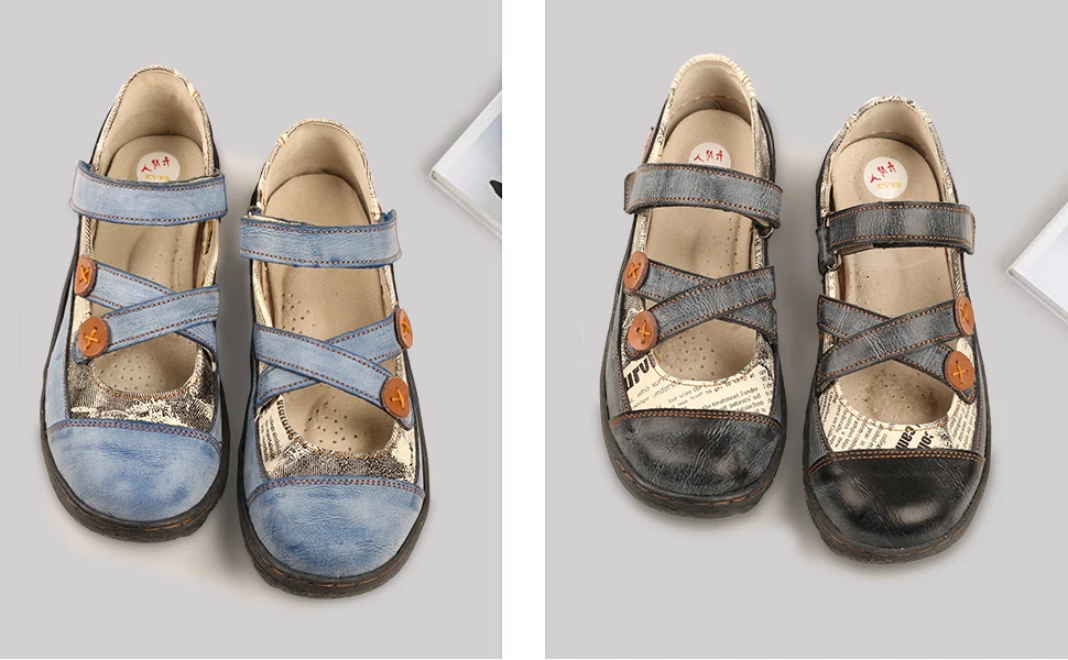 TMA EYES Flache Damenschuhe mit überkreuzten Riemen, Leder, bequeme Schuhe, modisches Design, Knopfdetail – Detail 4