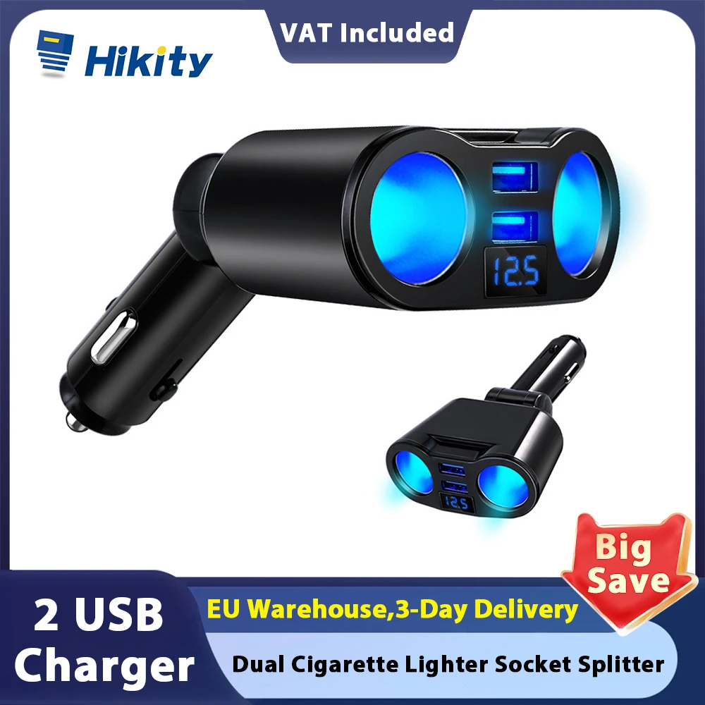 Hikity 4.8A USB Car Charger Dual Cigarette Lighter Socket Splitter Power Adapter Auto Electronics with LCD Display