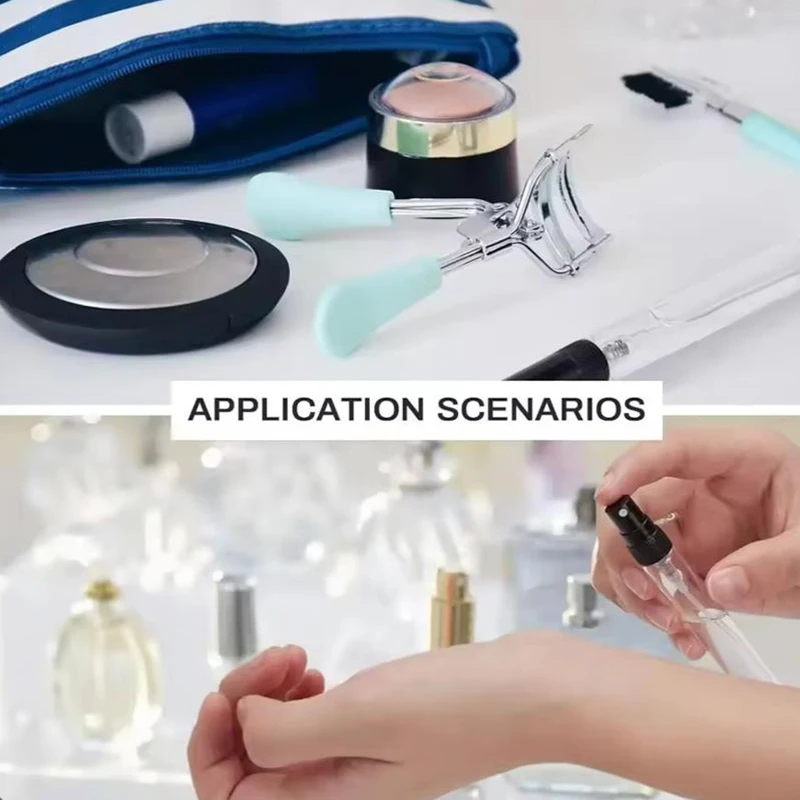 50 Uds + 4 accesorios 2/3/5/10ML botella de spray de vidrio recargable con 50 botellas de spray, 1 cuentagotas, 1 embudo, 1 dispensador, 1 jeringa