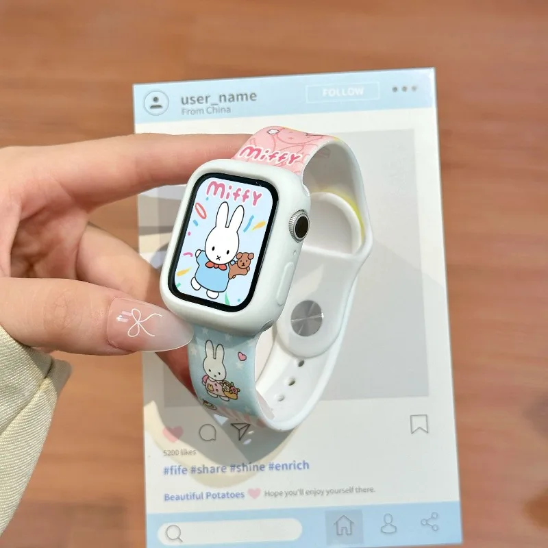 Miffy Rabbit Kawaii Anime Cartoon Watch Strap Silicone Women's Model Dopamine Apple Watch for S11 IWatchS10 Apple9/8 Wristband