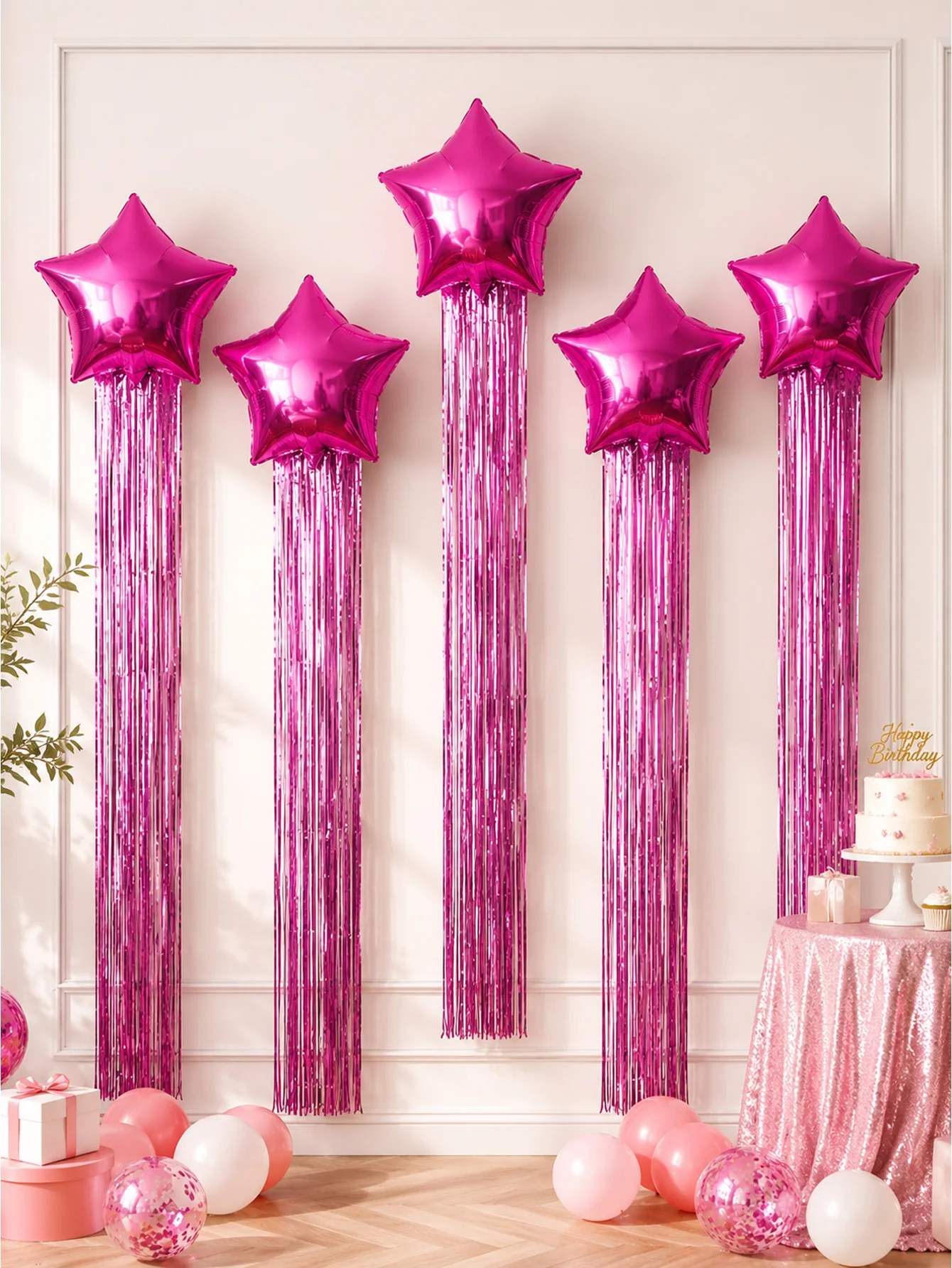 6-teiliges Disco- und Sternschnuppen-Party-Ballon-Set – enthält sternförmige Ballons und leuchtend pinkfarbene Fransen – geeignet für Geburtstagsfeiern.