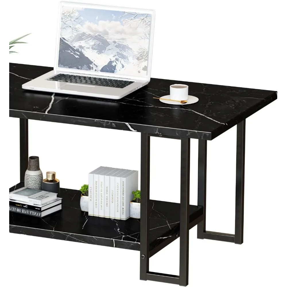 Rectangular Faux Marble Coffee Table with Black Metal Frame, 2 Tier Living Room Furniture for Modern Home Decor