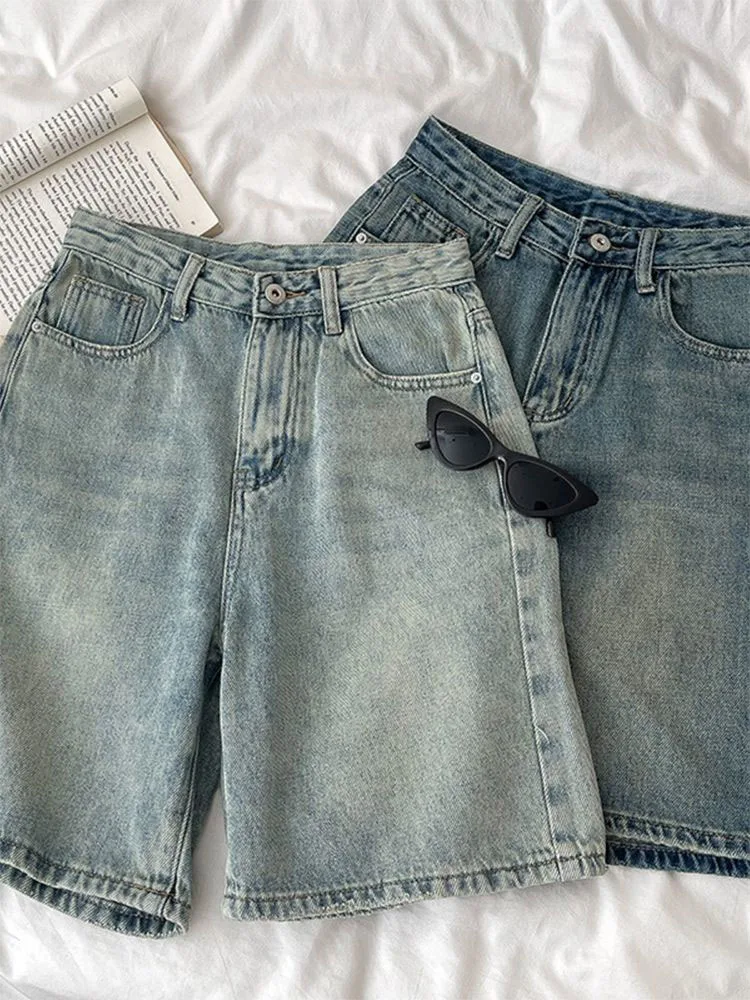 

Джинсовые шорты с высокой талией, свободного кроя, широкие, длиной до колена, повседневные, для полных женщин, летние, винтажные, синие, из денима, свободного кроя