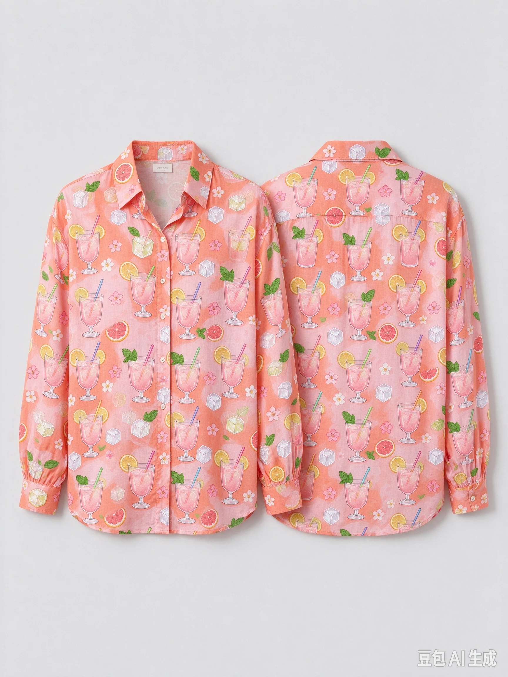 Unisex All Over Cocktail Print Long Sleeve Shirt, Loose Button Down Shirt with Front & Back Pattern for Men Women Party Streetwe