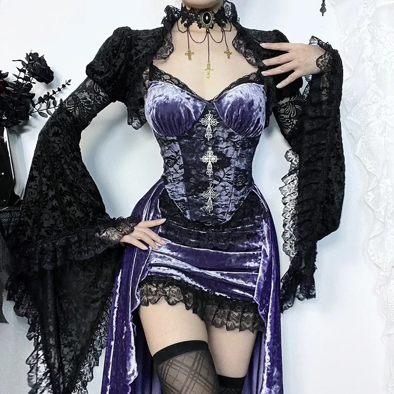 Goth Dark Prachtige Victoria Gothic Fluwelen A-lijn Jurken Vrouwelijke Elegante Avond Lolita Partywear Grunge Sling Kanten Zoom Alt Doek